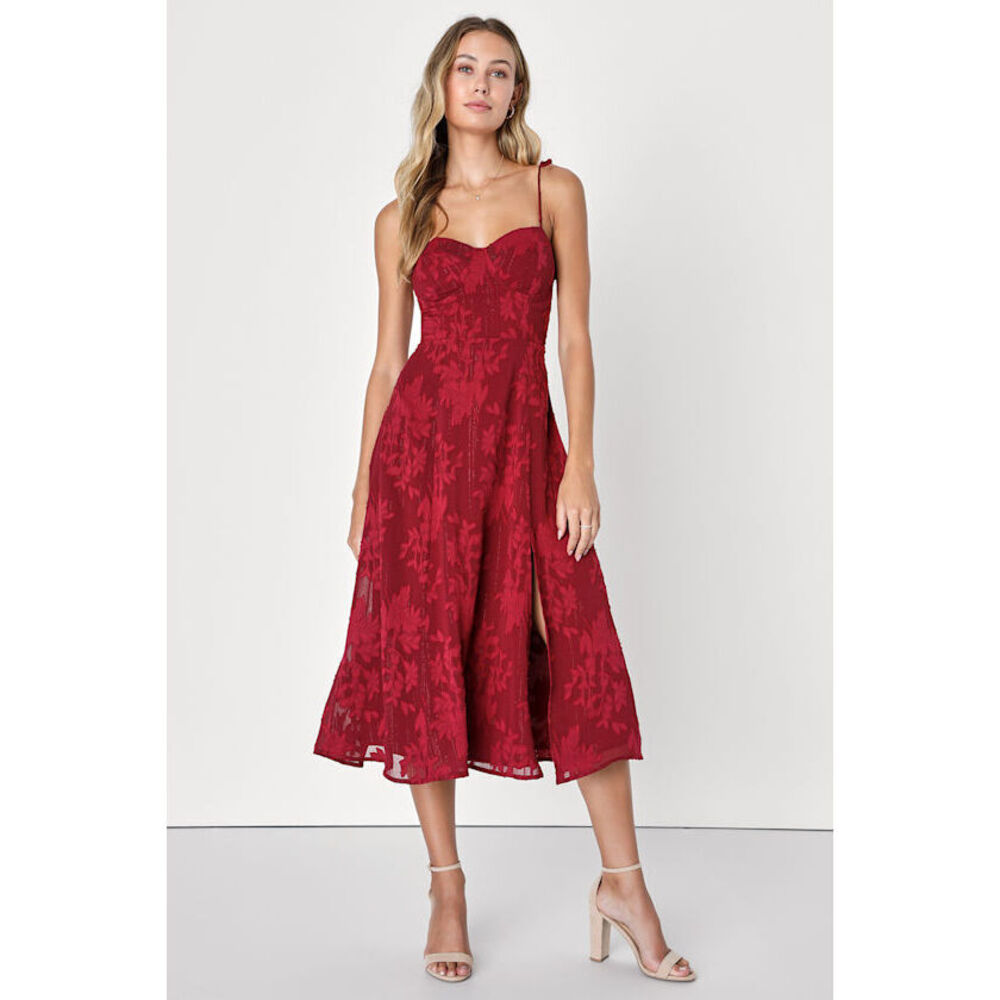 Lulus Loveliest Looks Burgundy Floral Jacquard Tie-strap Midi Dress